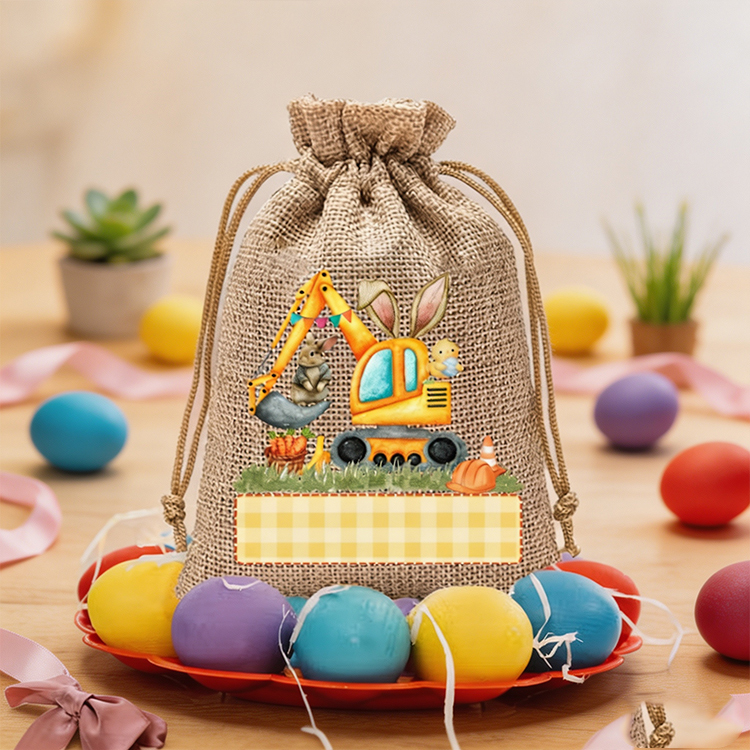 Personalized Cute Bunny Excavator Easter Treat Bag – Fun Reusable Drawstring Gift for Kids