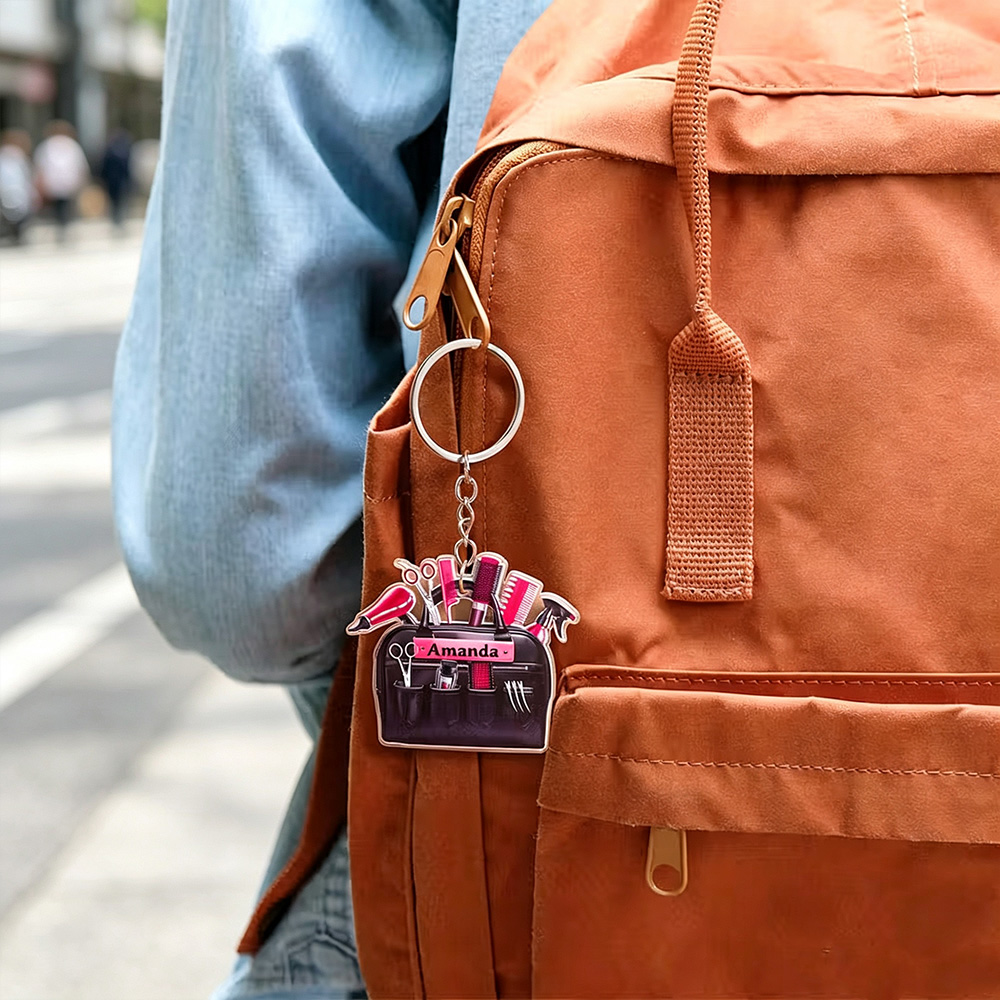 Personalised Hairstylist Tool Bag Acrylic Keychain with Name, Hairdryer Scissors and Comb Design, Appreciation Gift for Hairdressers