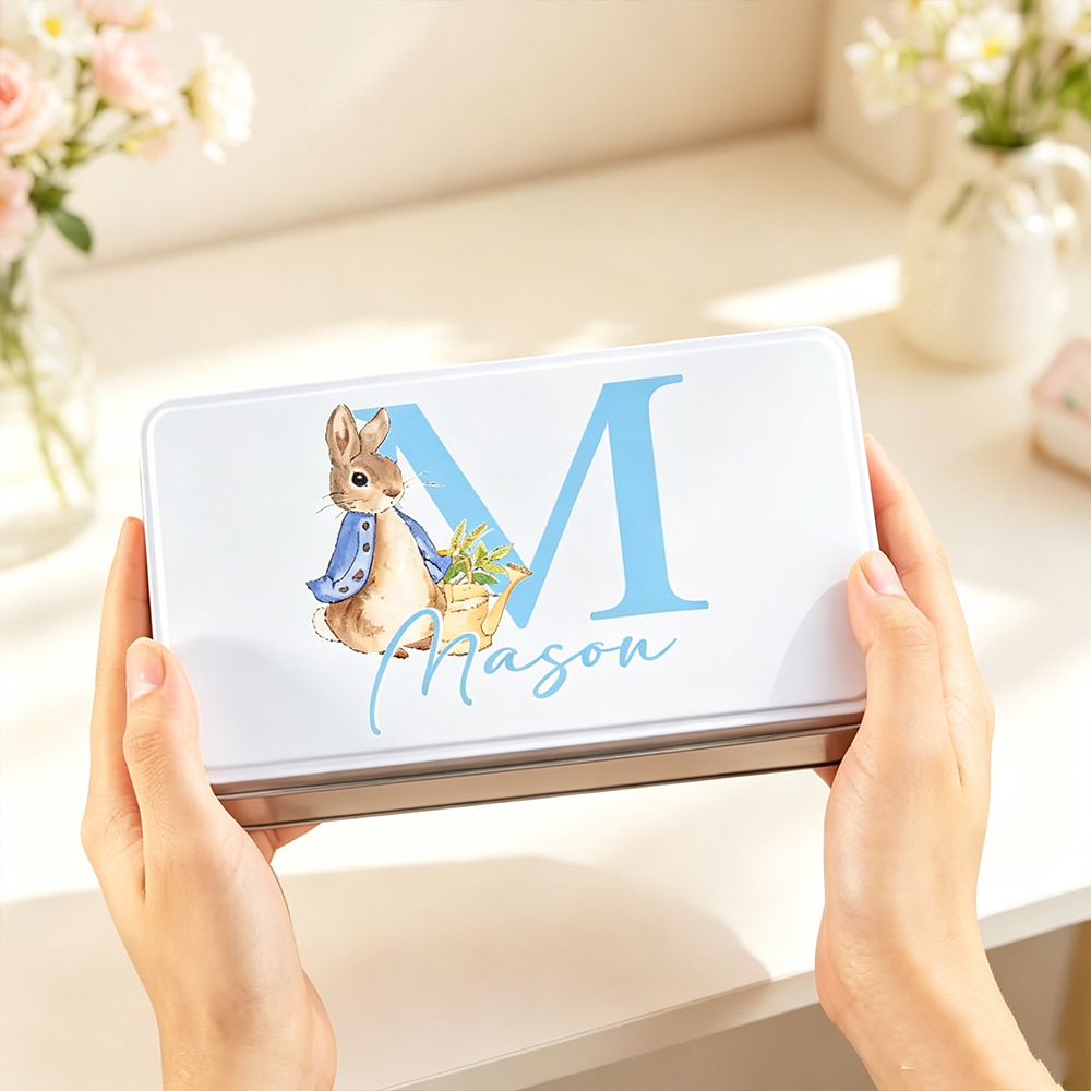 Personalised Watercolour Bunny Metal Biscuit Tin with Initial and Name, Easter Treat Box, Birthday Gift for Kids