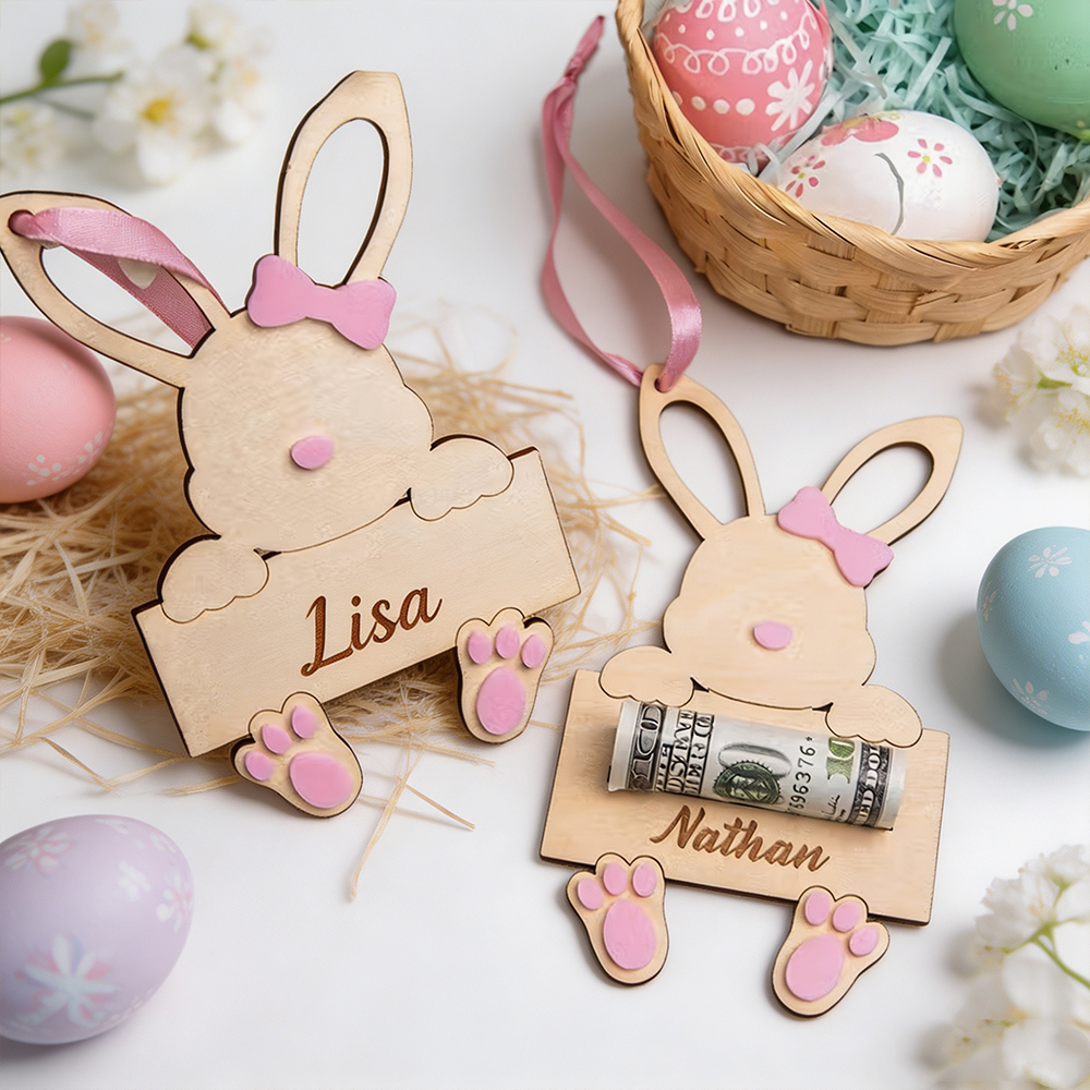 Personalized Easter Bunny Money Holder Tags – Custom Wooden Basket Ornaments for Kids