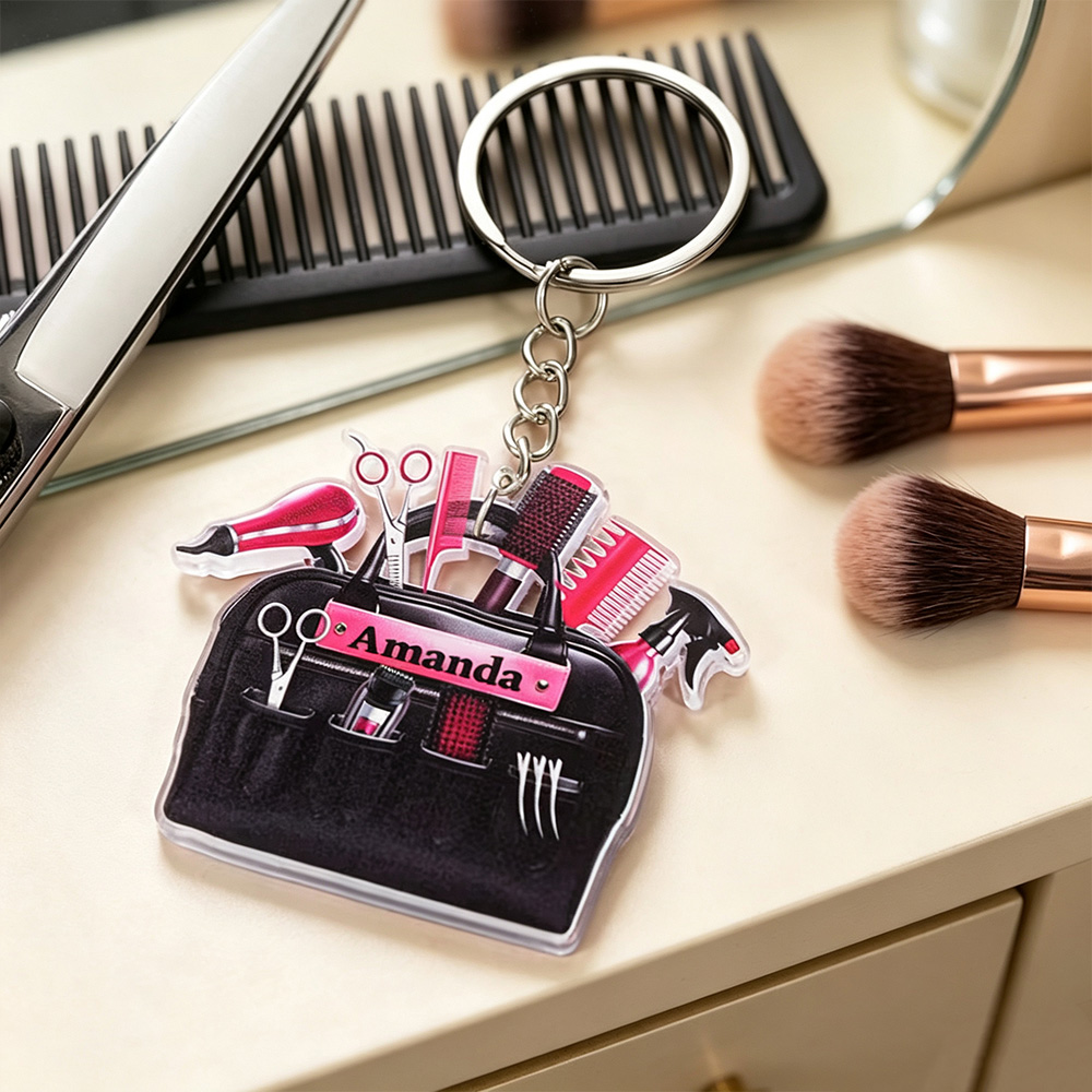 Personalised Hairstylist Tool Bag Acrylic Keychain with Name, Hairdryer Scissors and Comb Design, Appreciation Gift for Hairdressers