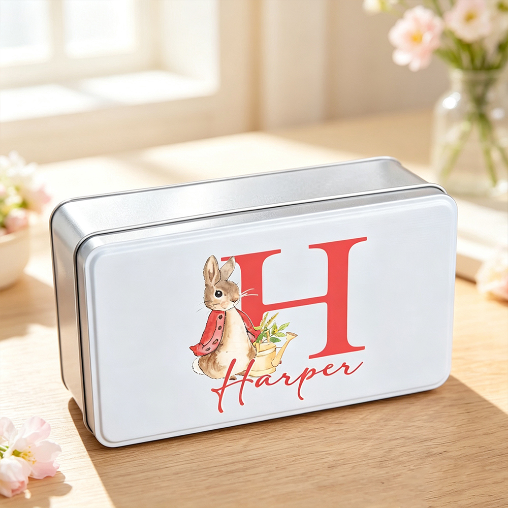 Personalised Watercolour Bunny Metal Biscuit Tin with Initial and Name, Easter Treat Box, Birthday Gift for Kids