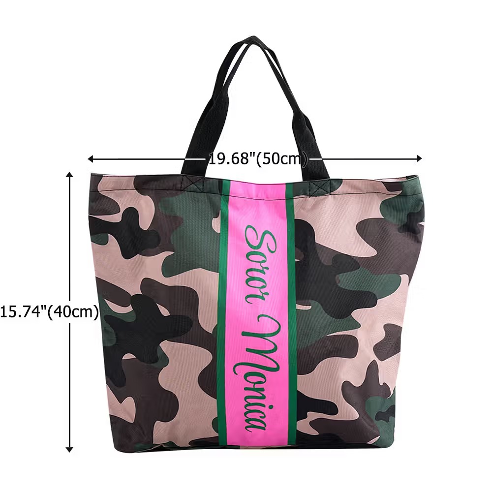 Personalized Camouflage Tote Bag (with Pink & Green Stripes) — A Custom Name Travel Bag for Sorority Sisters and Friends