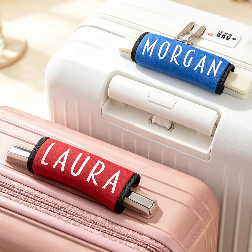 Personalised Luggage Handle Wrap with Printed Name, Soft Suitcase Handle Cover and Travel Bag Identifier