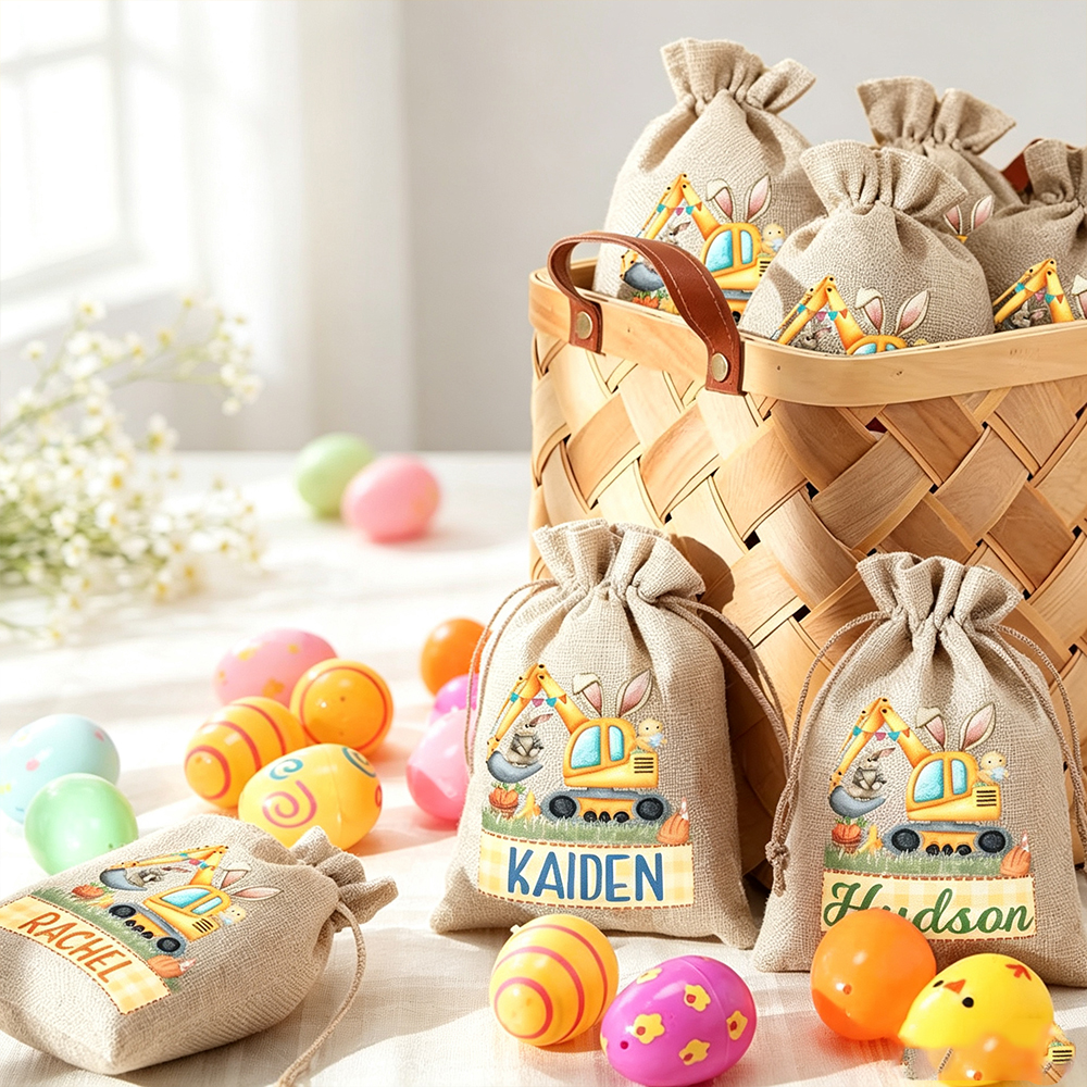 Personalized Cute Bunny Excavator Easter Treat Bag – Fun Reusable Drawstring Gift for Kids