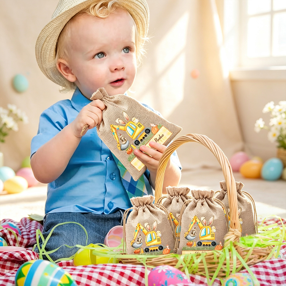 Personalized Cute Bunny Excavator Easter Treat Bag – Fun Reusable Drawstring Gift for Kids