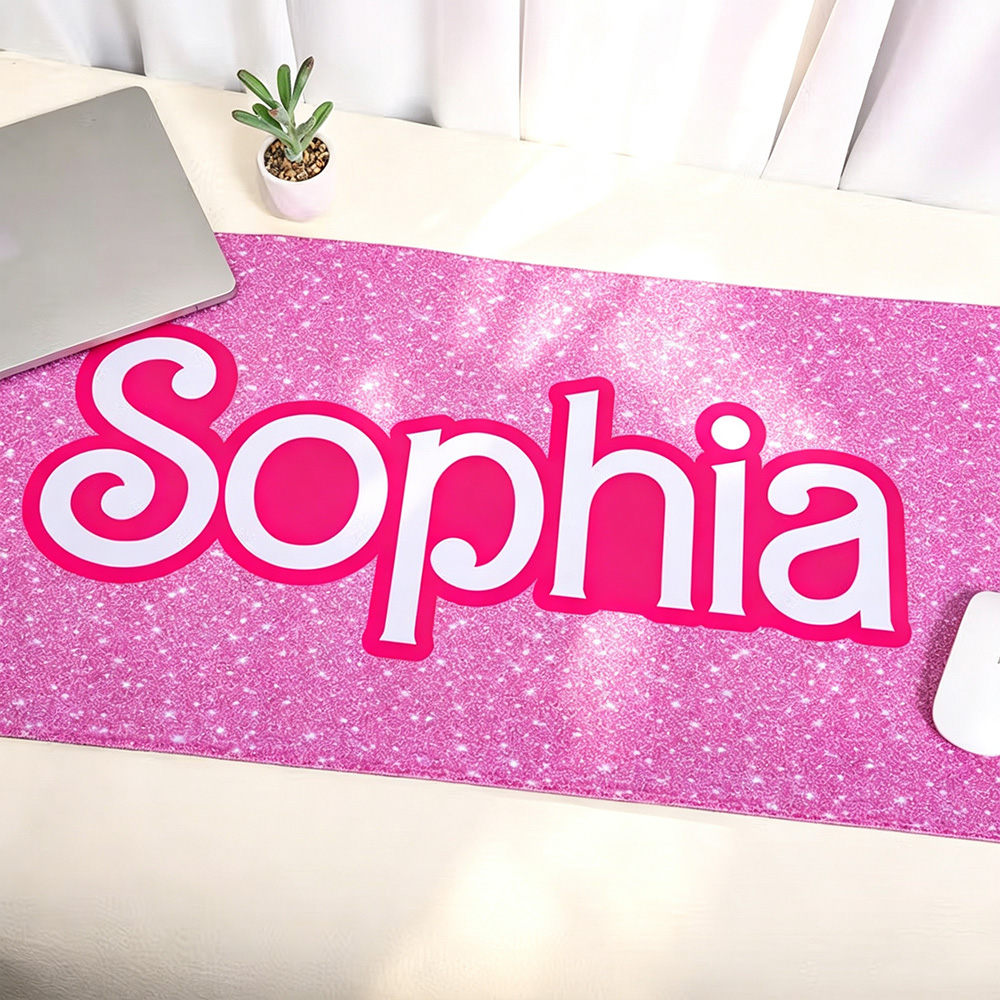 Personalised Pink Glitter Desk Mat with Name, Non-Slip Extended Mouse Pad, Office and Study Accessory Gift for Her