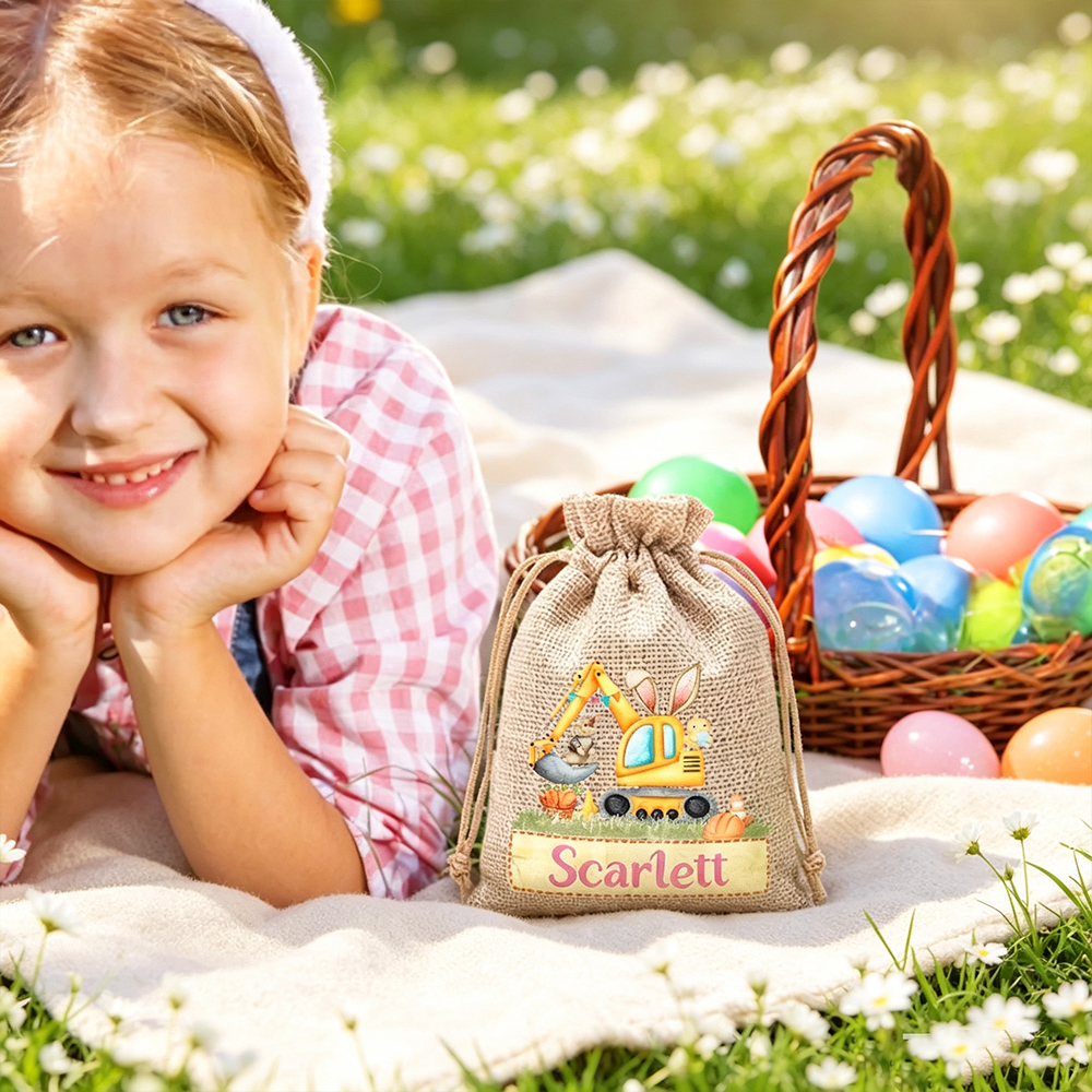 Personalized Cute Bunny Excavator Easter Treat Bag – Fun Reusable Drawstring Gift for Kids