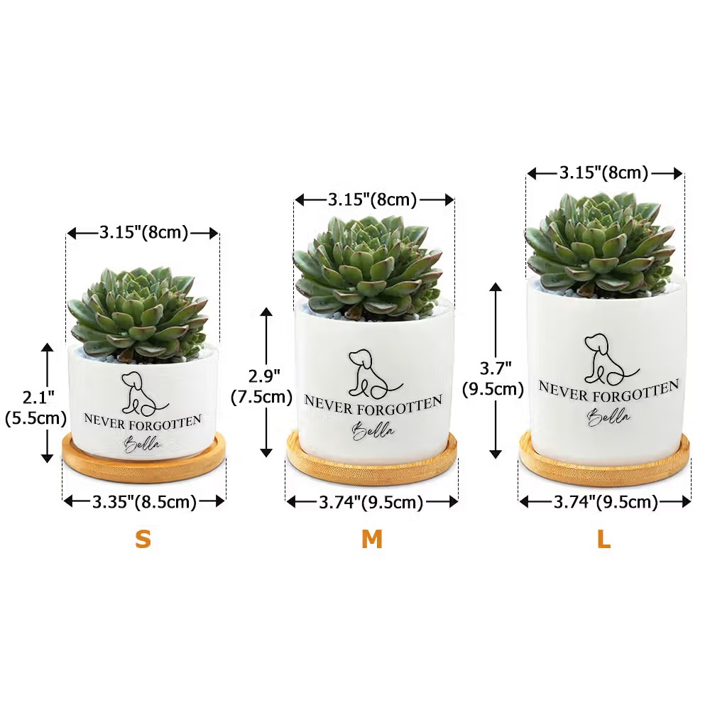 Personalized Pet Memorial Ceramic Planter Pot with Name and Paw Print Design, Succulent Flower Pot with Bamboo Base, Sympathy Gift for Dog Cat Lovers