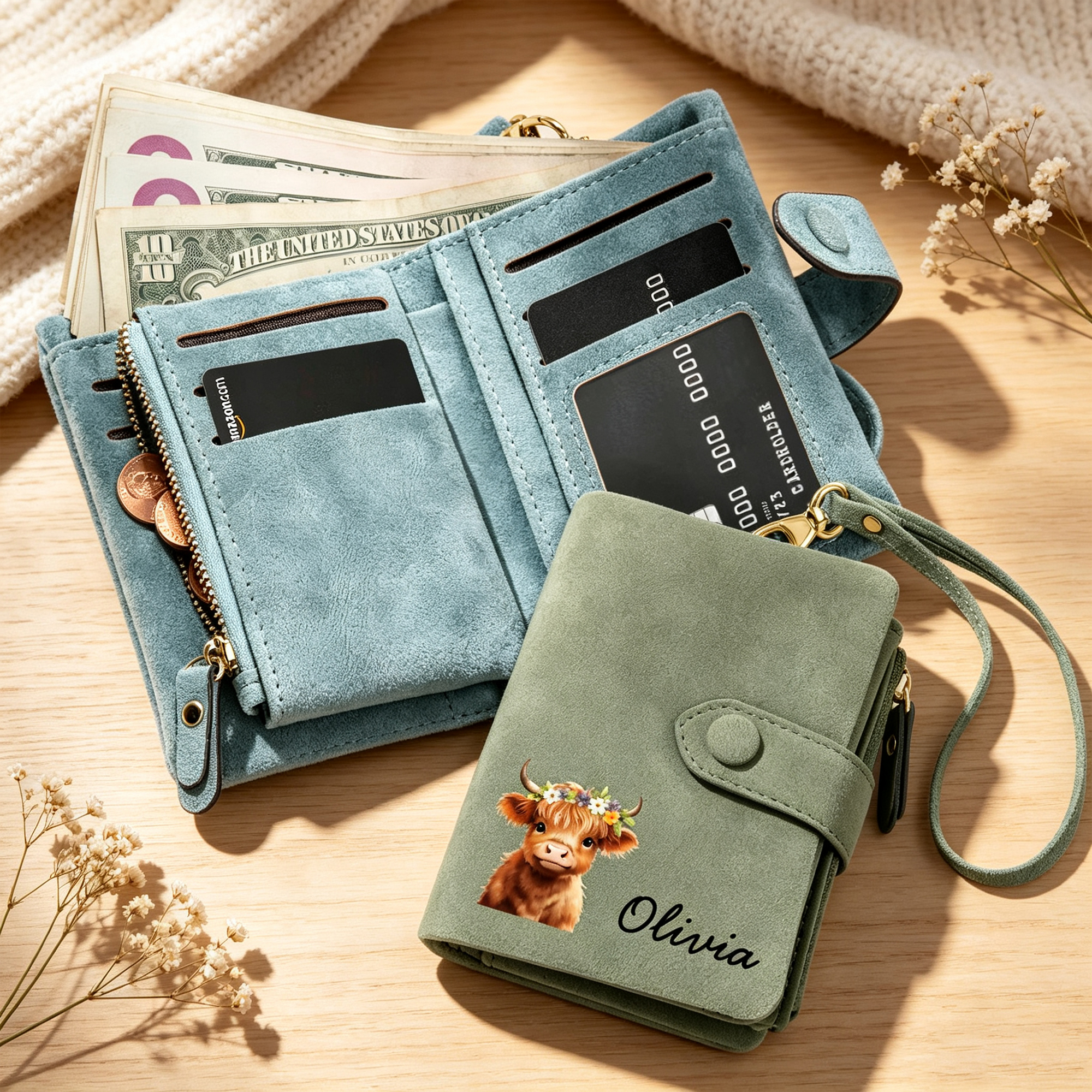 Personalized Floral Highland Cow Leather Tri-Fold Wallet with Card Holder & Wrist Strap – Custom Name Gift for Women
