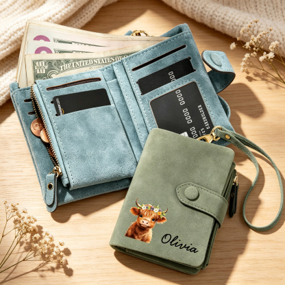 Personalized Floral Highland Cow Leather Tri-Fold Wallet with Card Holder & Wrist Strap – Custom Name Gift for Women