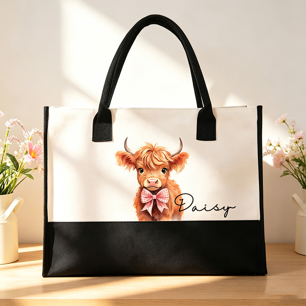 Personalized Floral Highland Cow Canvas Tote Bag – Large Travel Bag with Name Customisation, Birthday & Christmas Gift for Her