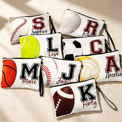Personalised Sports Ball Cosmetic Bag with Initial and Name, Zipper Wristlet Pouch, Team Gift for Athletes and Sports Lovers