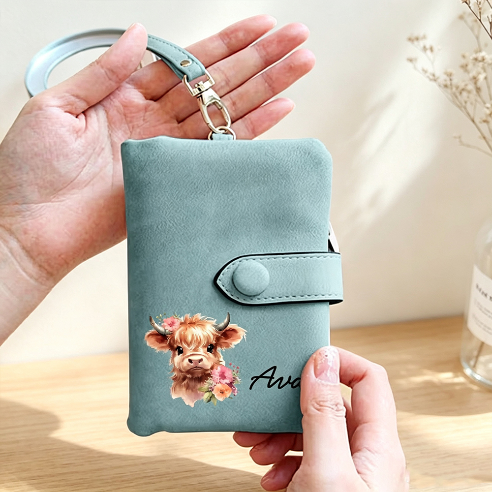 Personalized Floral Highland Cow Leather Tri-Fold Wallet with Card Holder & Wrist Strap – Custom Name Gift for Women