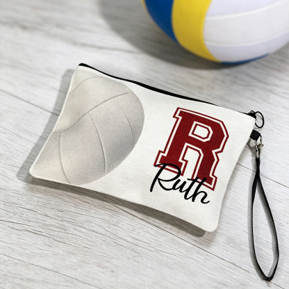 Personalised Sports Ball Cosmetic Bag with Initial and Name, Zipper Wristlet Pouch, Team Gift for Athletes and Sports Lovers