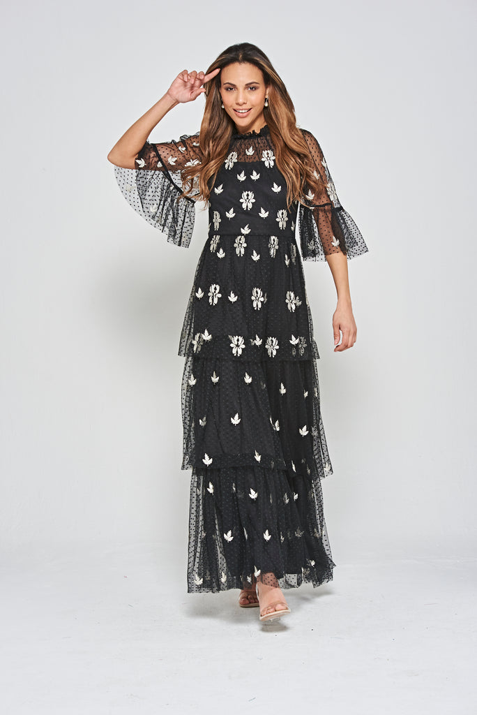 Black Leaf Embroidered Tiered Maxi Dress