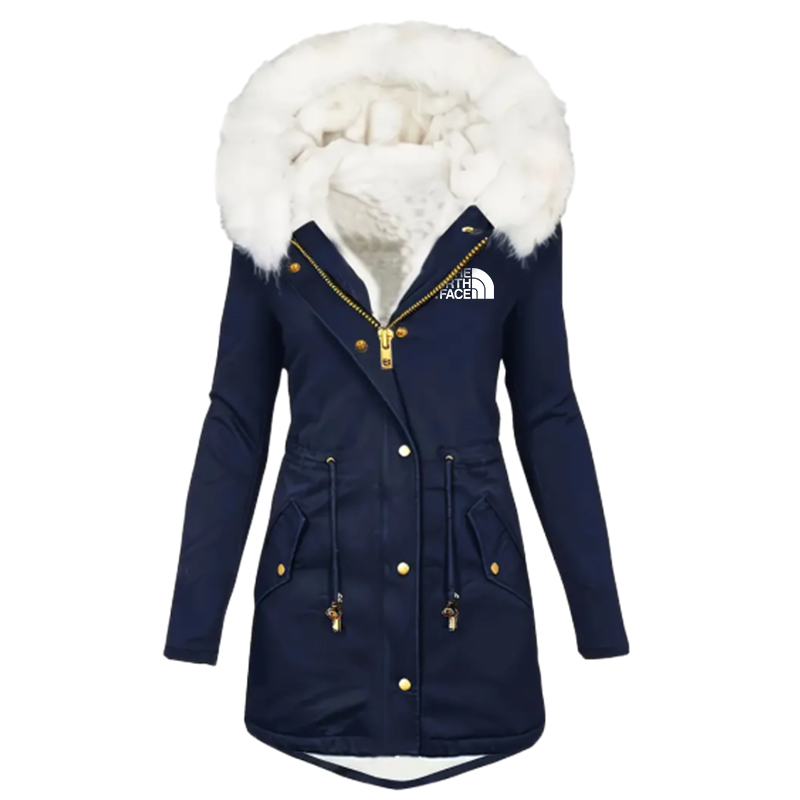 2024 TNF®-Womens Plus Size Contrast Fuzzy Drawstring Waist Full Zipper Coat