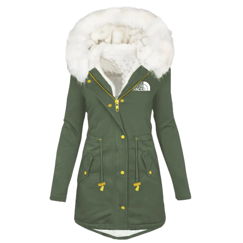 2024 TNF®-Womens Plus Size Contrast Fuzzy Drawstring Waist Full Zipper Coat