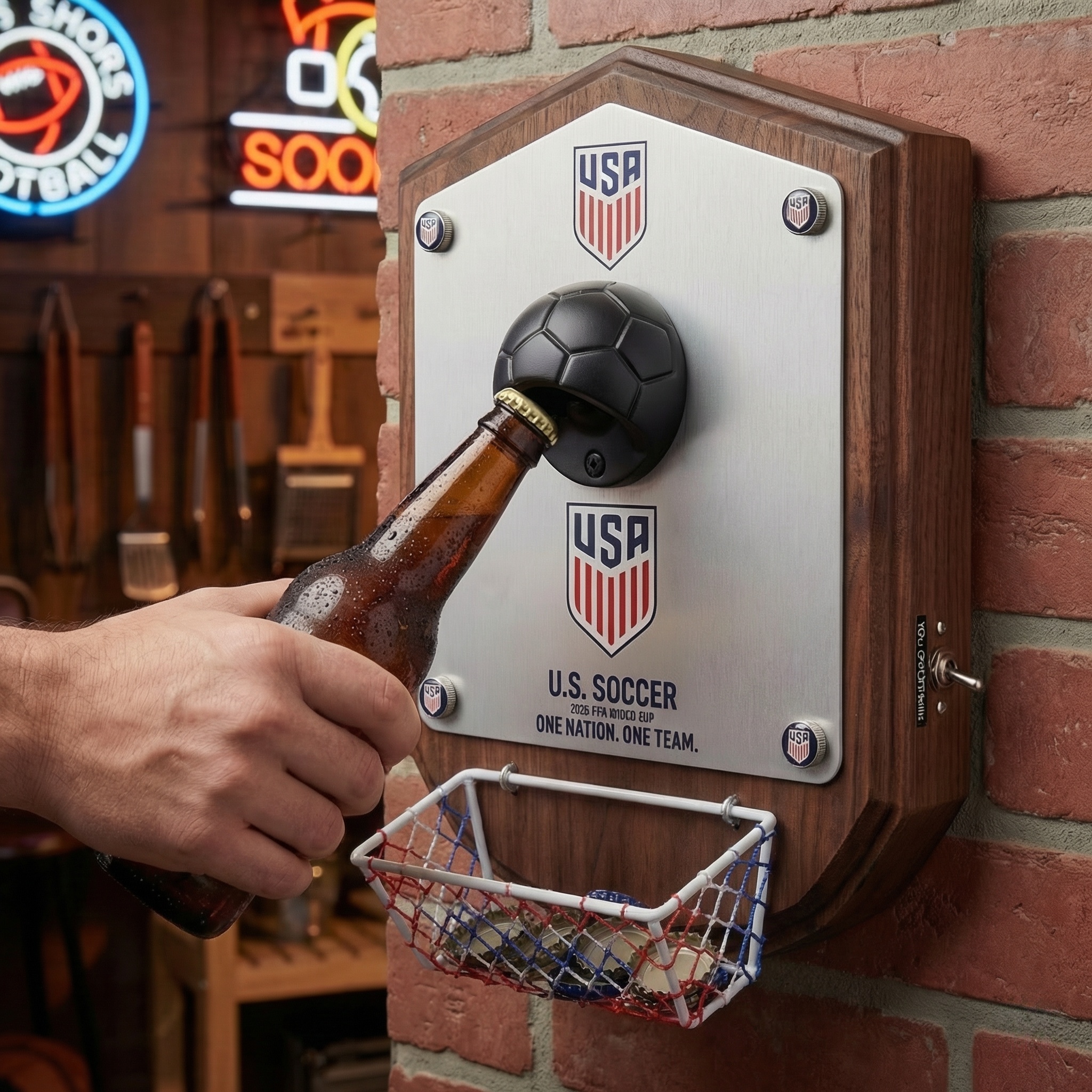 Official US Soccer Wall-Mounted Bottle Opener with Goal Net Cap Catcher | 2026 World Cup Edition