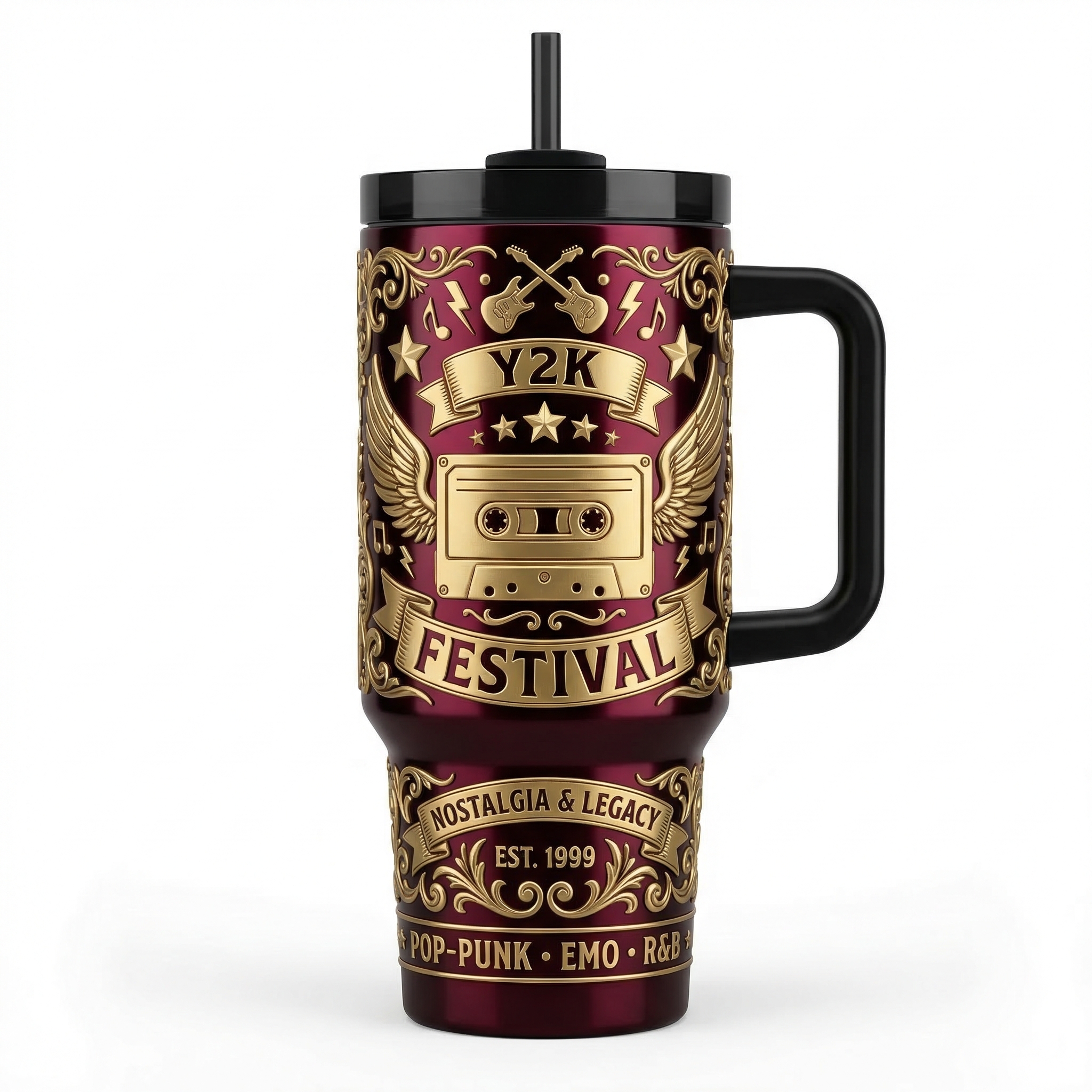 The "Y2K Festival" 40oz Insulated Tumbler with Handle | Retro Pop-Punk Edition