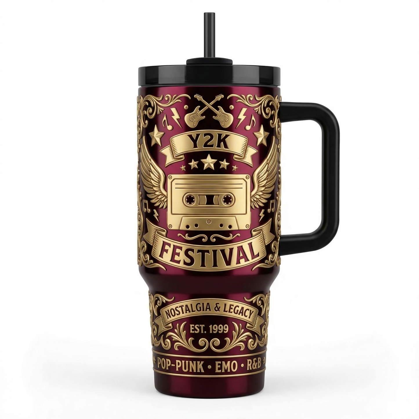 The "Y2K Festival" 40oz Insulated Tumbler with Handle | Retro Pop-Punk Edition