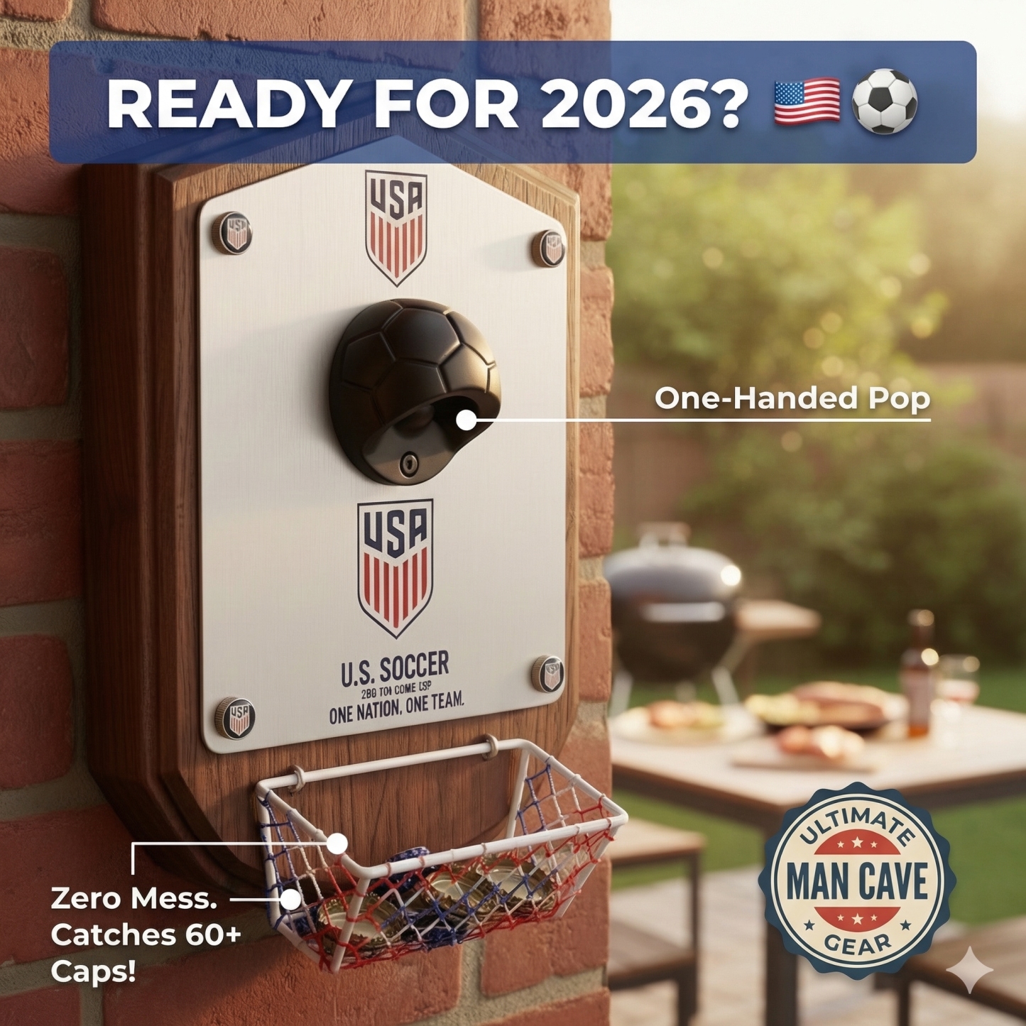 Official US Soccer Wall-Mounted Bottle Opener with Goal Net Cap Catcher | 2026 World Cup Edition