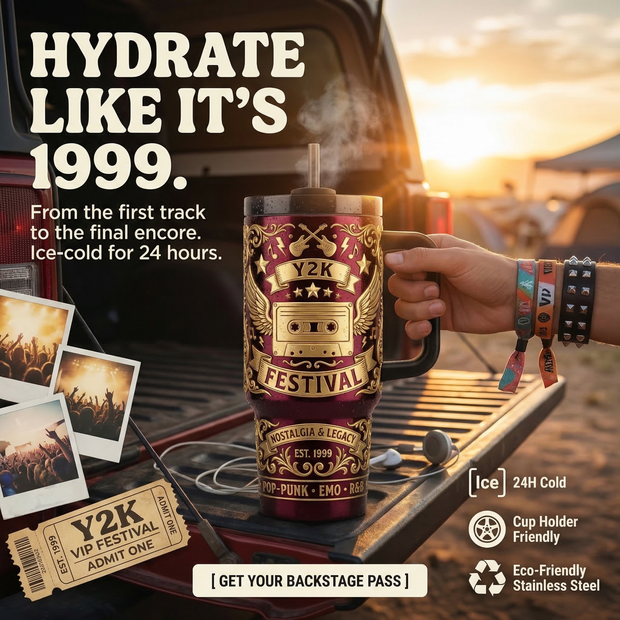 The "Y2K Festival" 40oz Insulated Tumbler with Handle | Retro Pop-Punk Edition