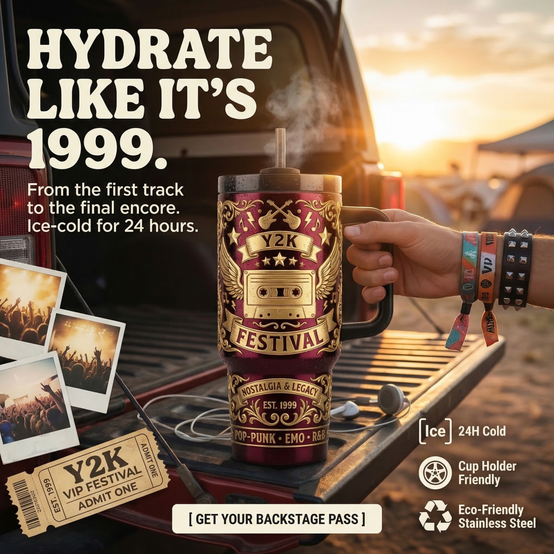 The "Y2K Festival" 40oz Insulated Tumbler with Handle | Retro Pop-Punk Edition