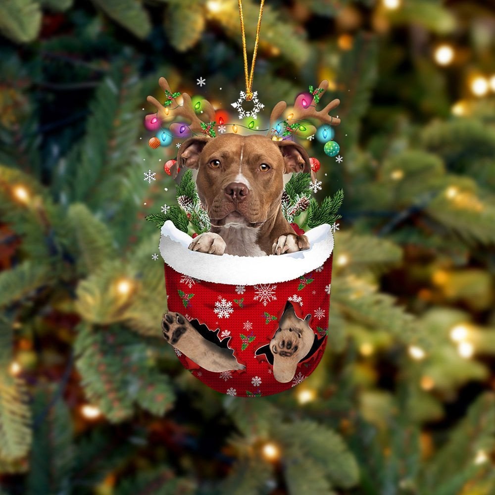 BROWN Pitbull In Snow Pocket Ornament