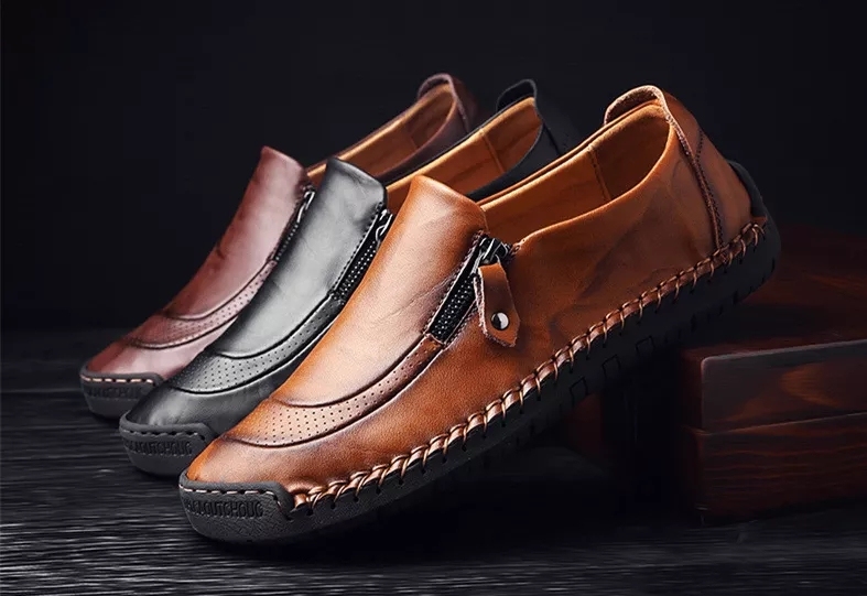 🔥Hot salg 🎁--60% rabatt 🎉Håndlaget sideglidelås for menn Uformelle Komfortable Loafers i skinn