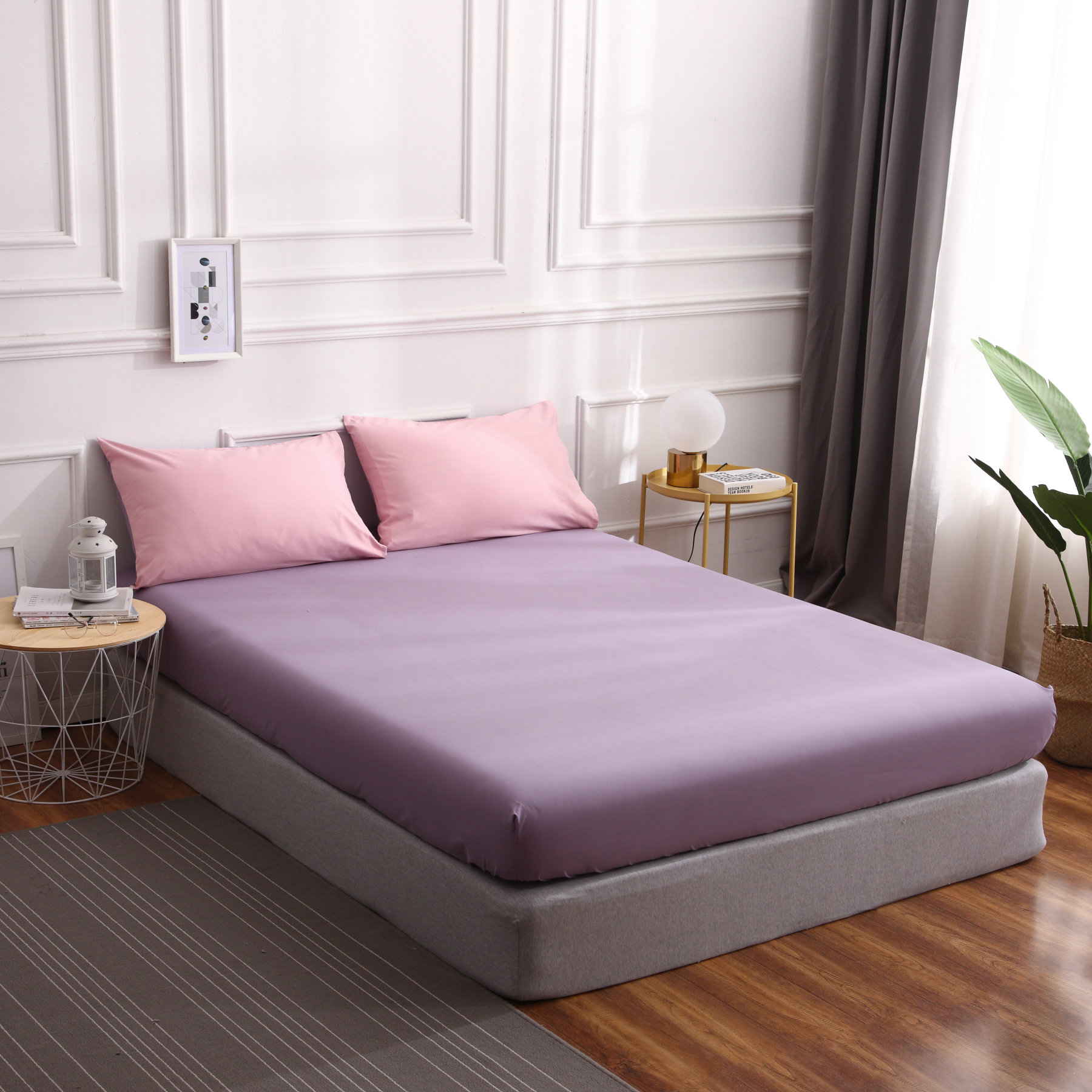 Dutigo Light Pink and Velvet Purple Brushed Bedding Set