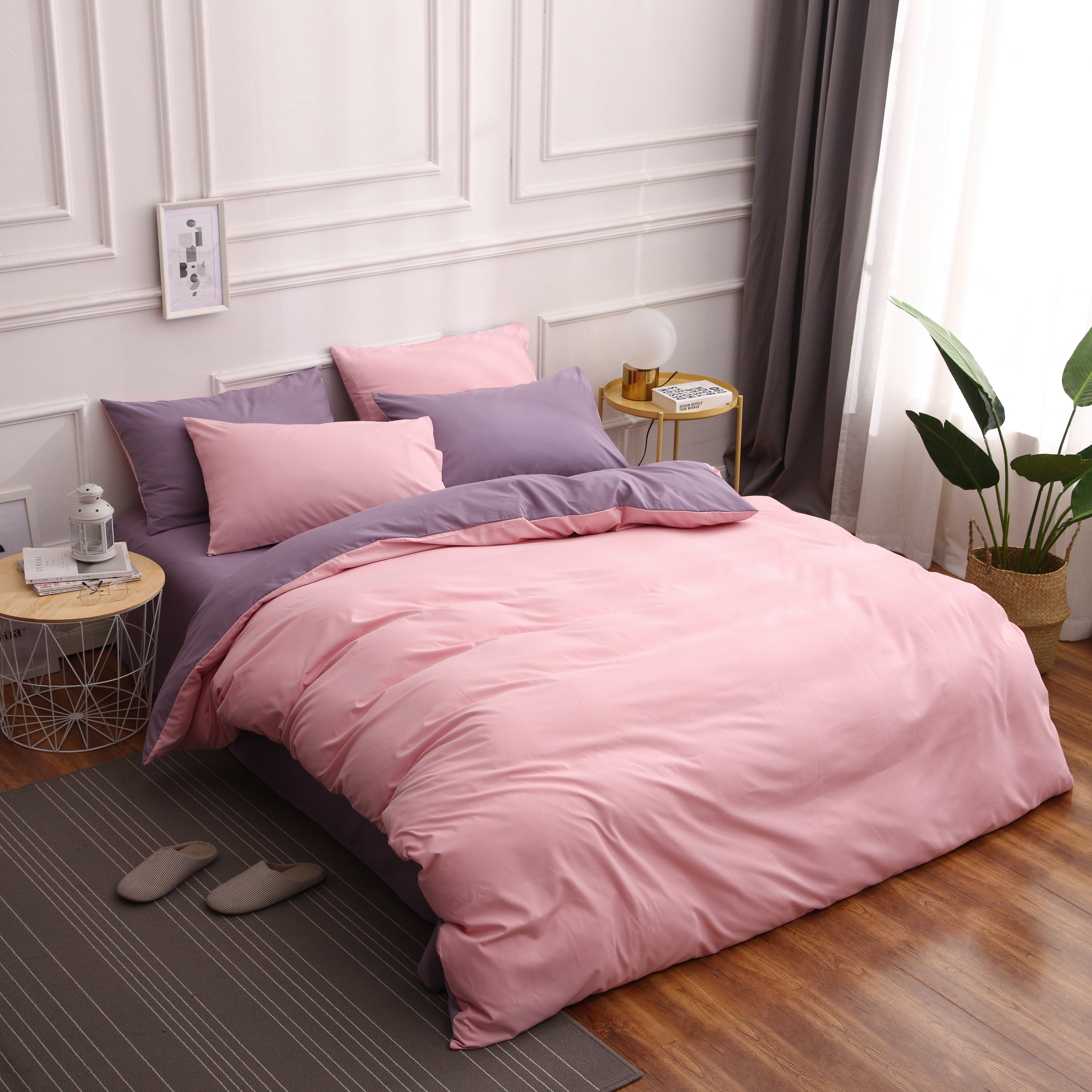 Dutigo Light Pink and Velvet Purple Brushed Bedding Set