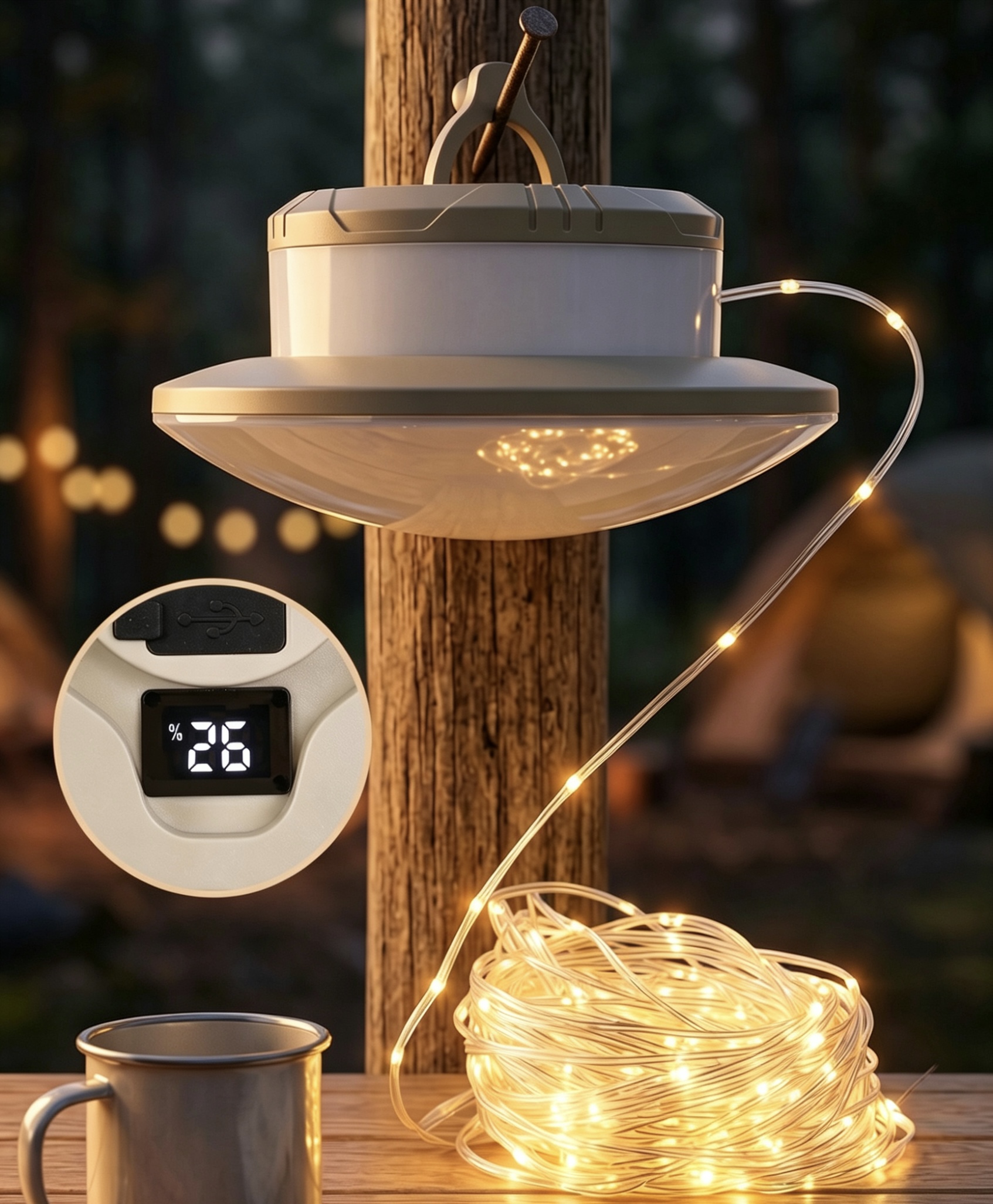 Dutigo 10m Rechargeable LED Camping String Light 7 Modes Waterproof