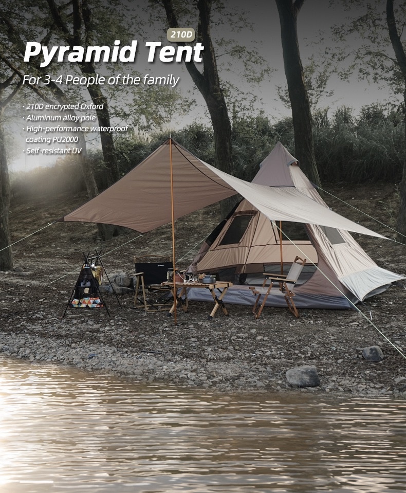 Dutigo Pyramid Tent with Awning 3-4 Person UV Protection Waterproof 210D Oxford