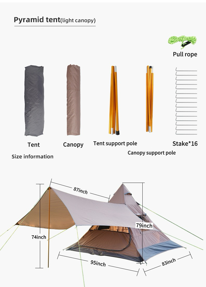 Dutigo Pyramid Tent with Awning 3-4 Person UV Protection Waterproof 210D Oxford