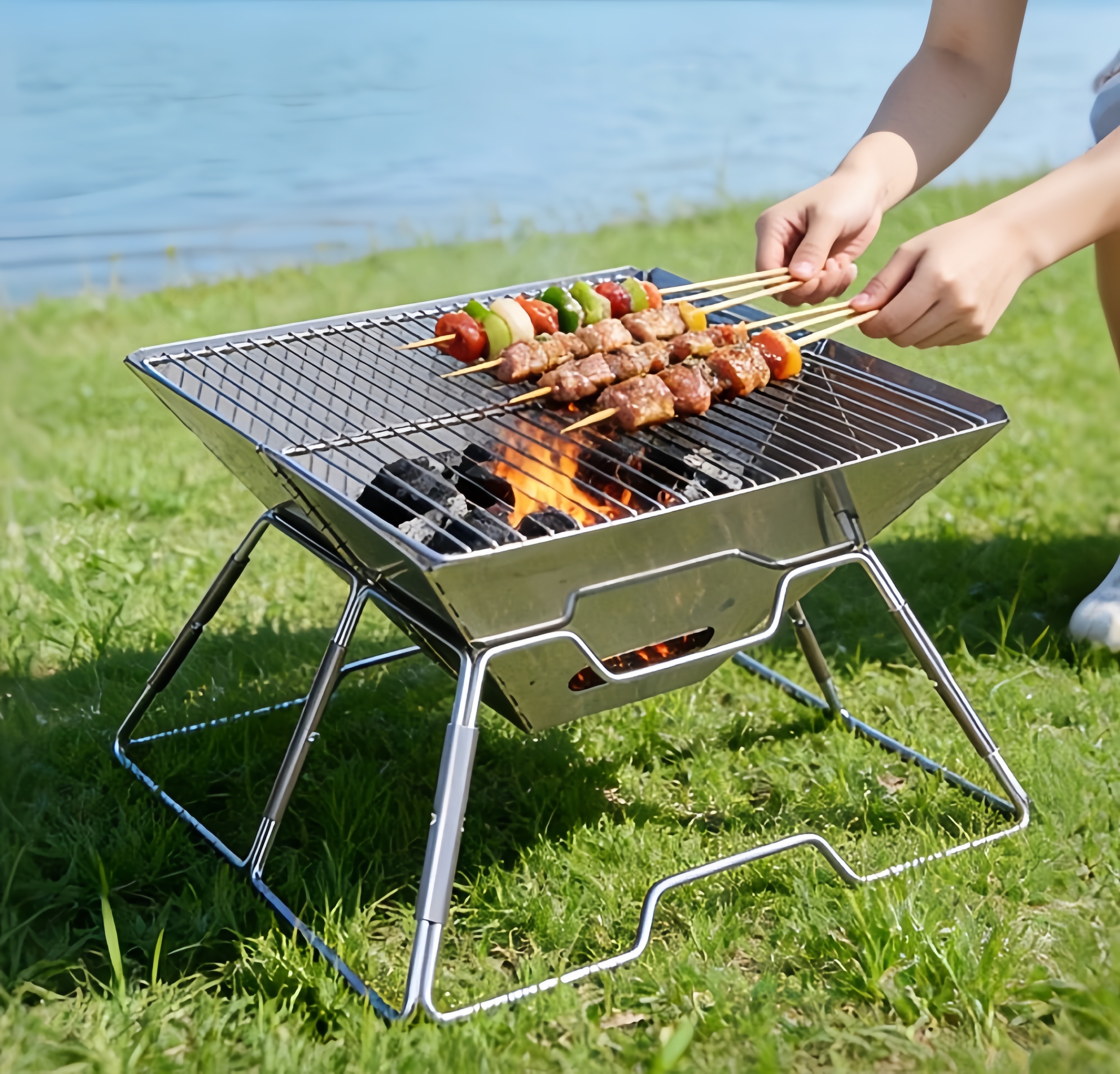 Dutigo Stainless Steel Folding Camping Grill 2-in-1 BBQ & Fire Pit Portable with Carry Bag