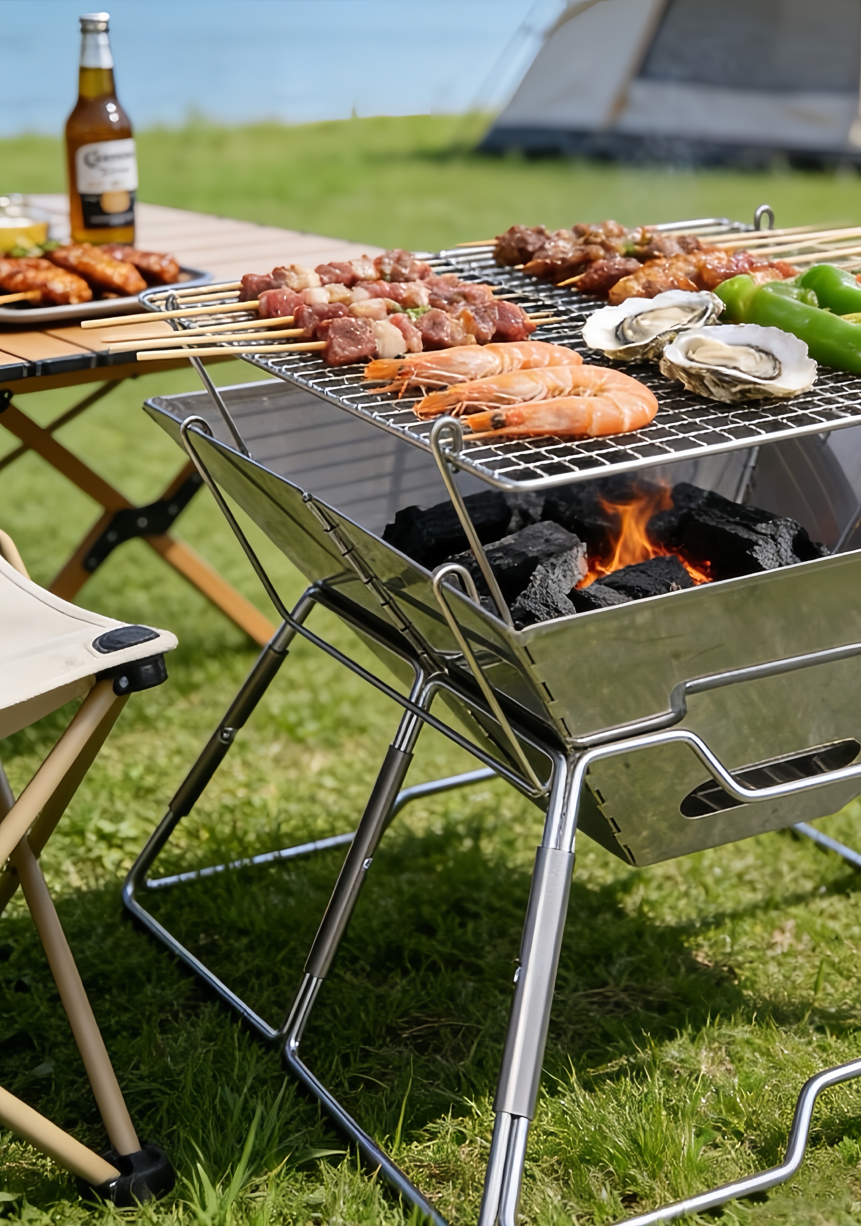 Dutigo Stainless Steel Folding Camping Grill 2-in-1 BBQ & Fire Pit Portable with Carry Bag