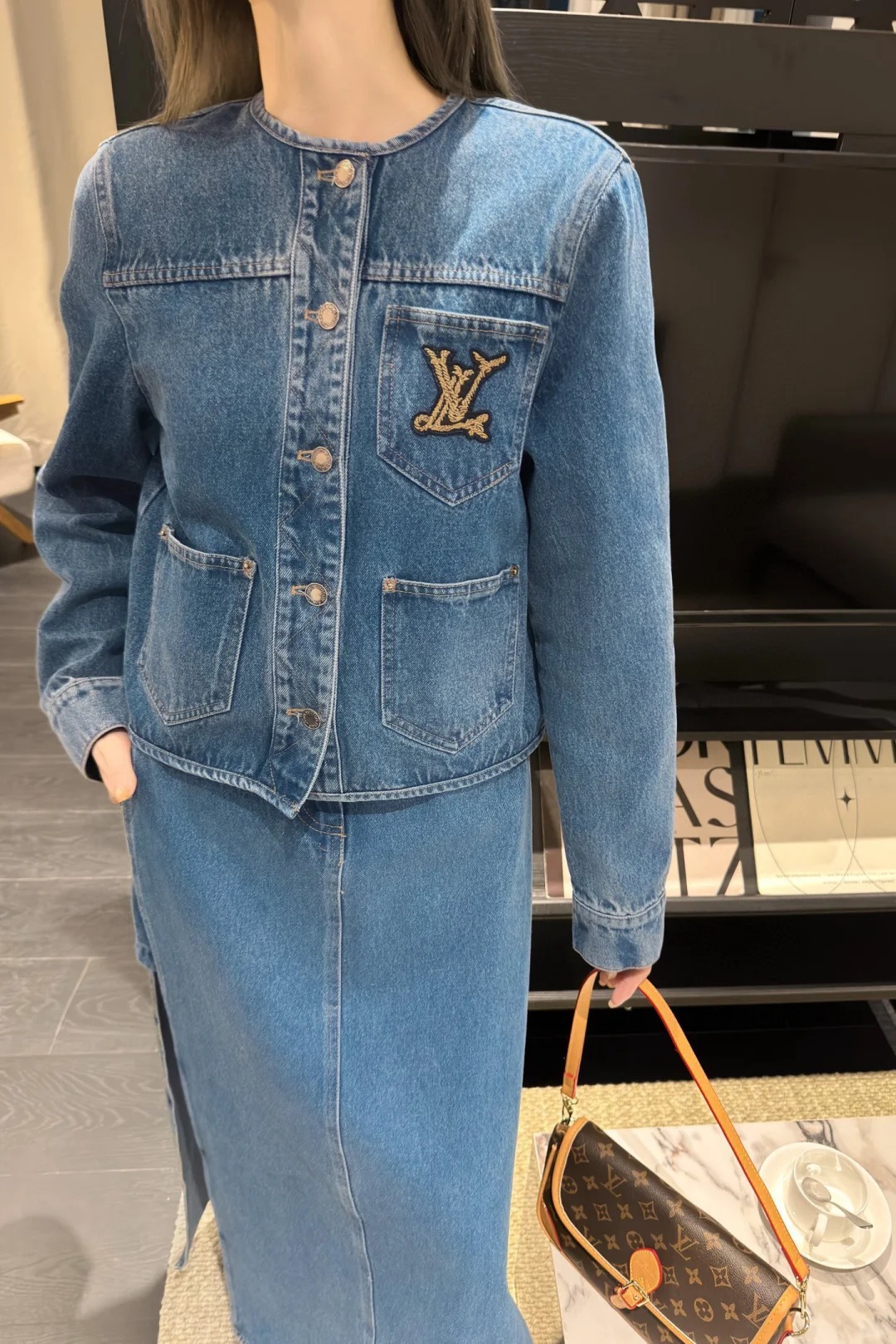 Louis Vuit25SS Vintage Denim Crew Neck Jacket