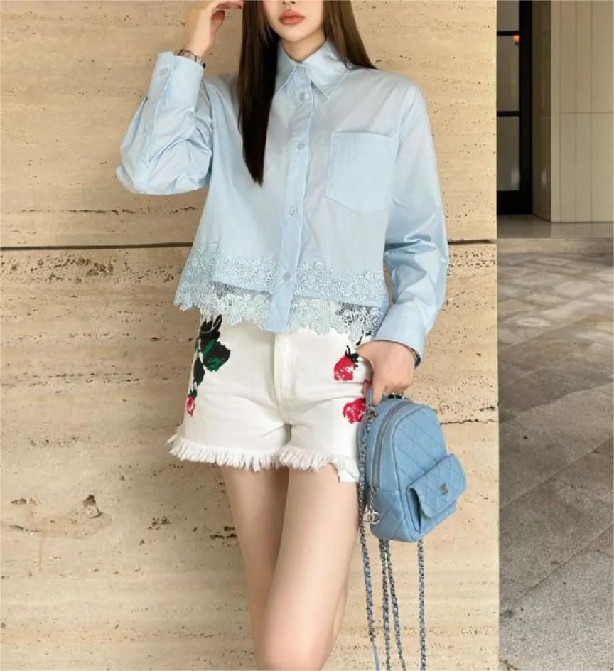LOE25SS Hollow out lace patchwork shirt