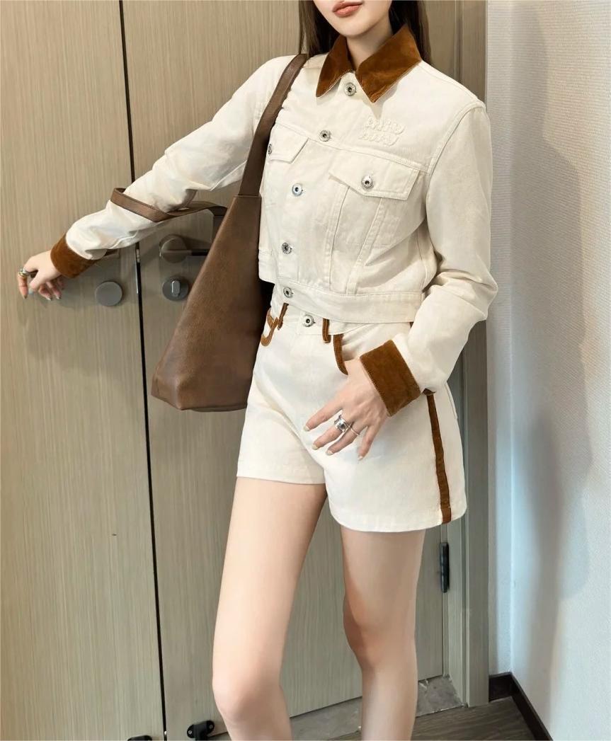 MIU25SS quilted leather trimmed denim jacket