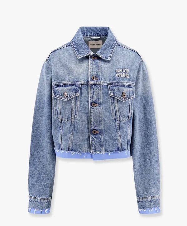 MIU new monogrammed embroidered lapel denim jacket