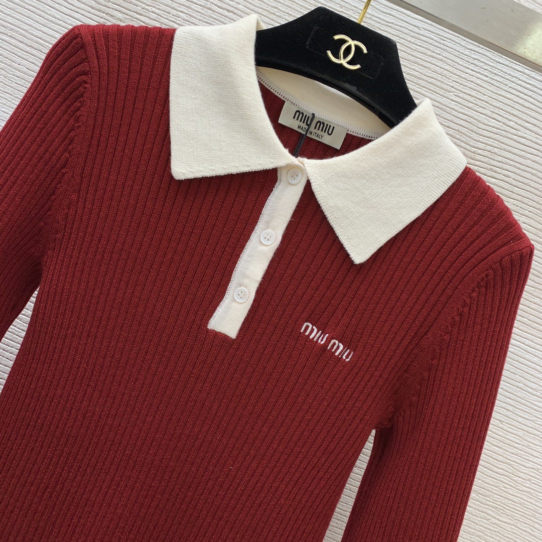 Miu Embroidered Letter Clash Color Knit Long Sleeve