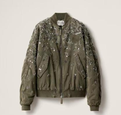 Miu Army Green Sequin Embroidered Jacket