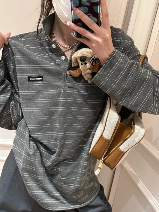 MIU25SS Grey Stripe Lapel Long Sleeve T-Shirt