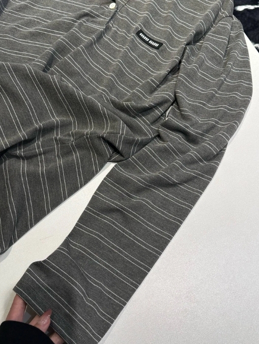 MIU25SS Grey Stripe Lapel Long Sleeve T-Shirt