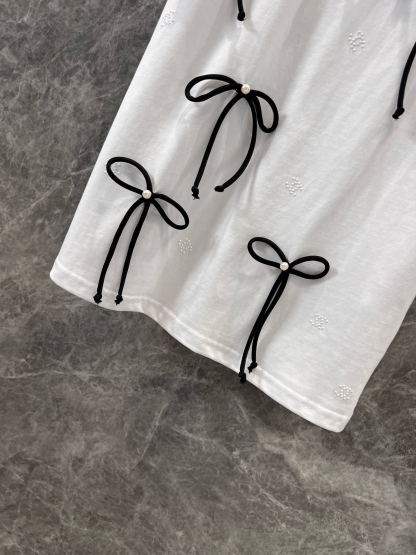 CHANE25SS round neck with rhinestone bow short sleeve t-shirt