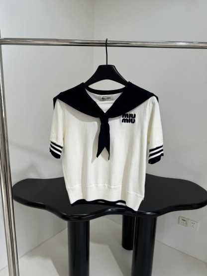 Navy Collar Wool Patchwork Polo Shirt