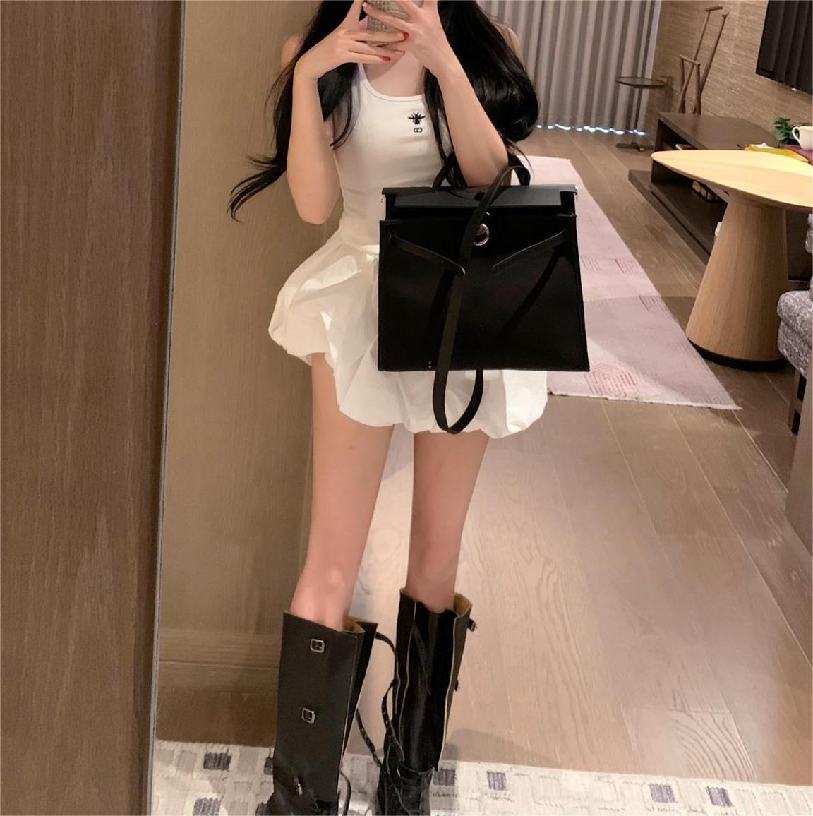 DIO25SS Embroidered Hem Patchwork Puffy Dress