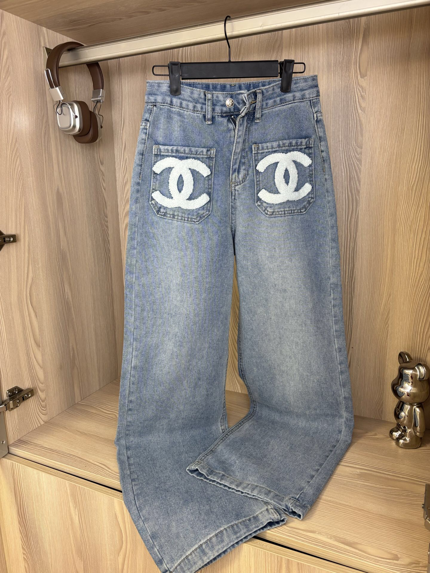 CHANE25SS embroidered denim straight leg trousers