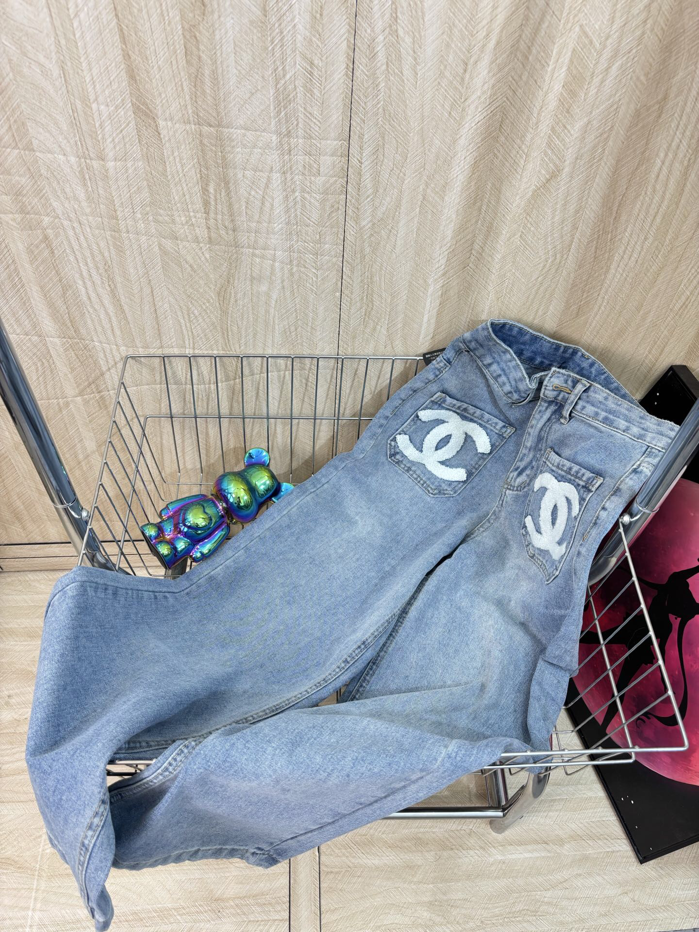 CHANE25SS embroidered denim straight leg trousers